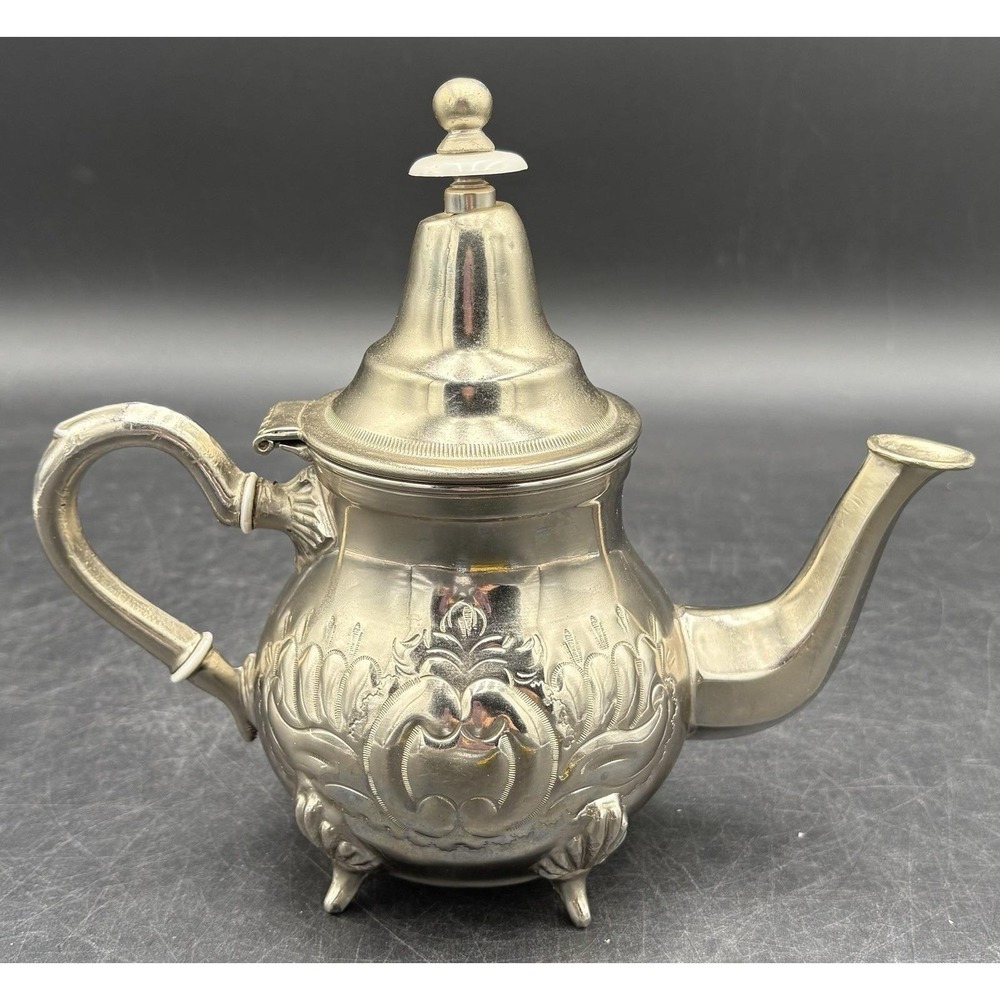 Vtg Moroccan HandMade Silverplate Footed Ornate Teapot Theirr Sidi Abderahmine
